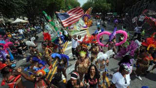 Crowds of masqueraders from hitting the streets at the annual West Indian Day Parade along Eastern Parkway in Crown Heights