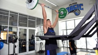 Aaron Gordon #00 of the Orlando Magic works out during practice on November 17, 2017 at Amway Center in Orlando, Florida.
