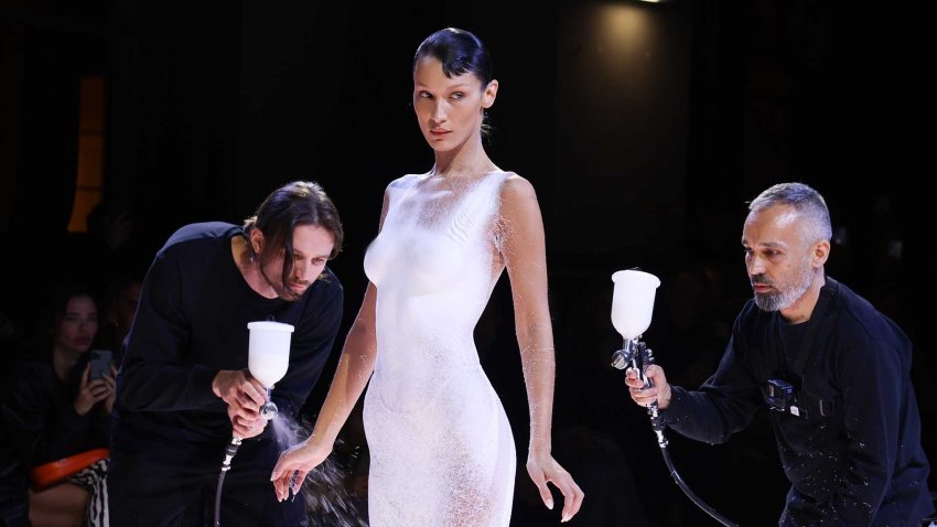 bella hadid fashion show spray on dress Bella Hadid Has Her Coperni Slip Dress Spray-Painted On Live On The Runway