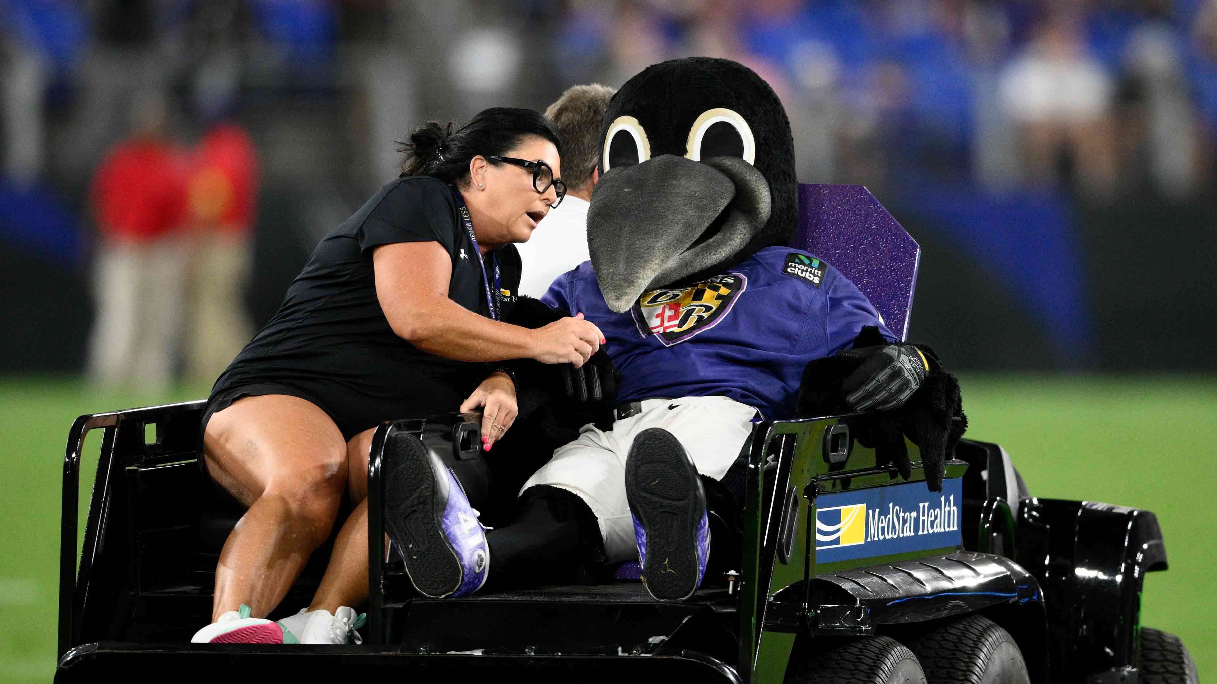 Ravens mascot Poe back on the field after preseason drumstick