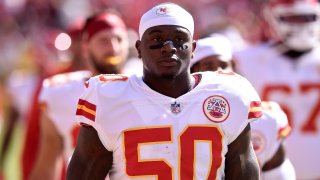 Willie Gay Jr. of the Kansas City Chiefs warms up before the game against the Washington Football Team at FedExField on October 17, 2021 in Landover, Md.