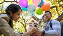 Billy Chan and Nicole Ng with their dog, Allie the terroir, dressed as UP participates in the Annual Tompkins Square Halloween Dog Parade. (Photo by Alexi Rosenfeld/Getty Images)