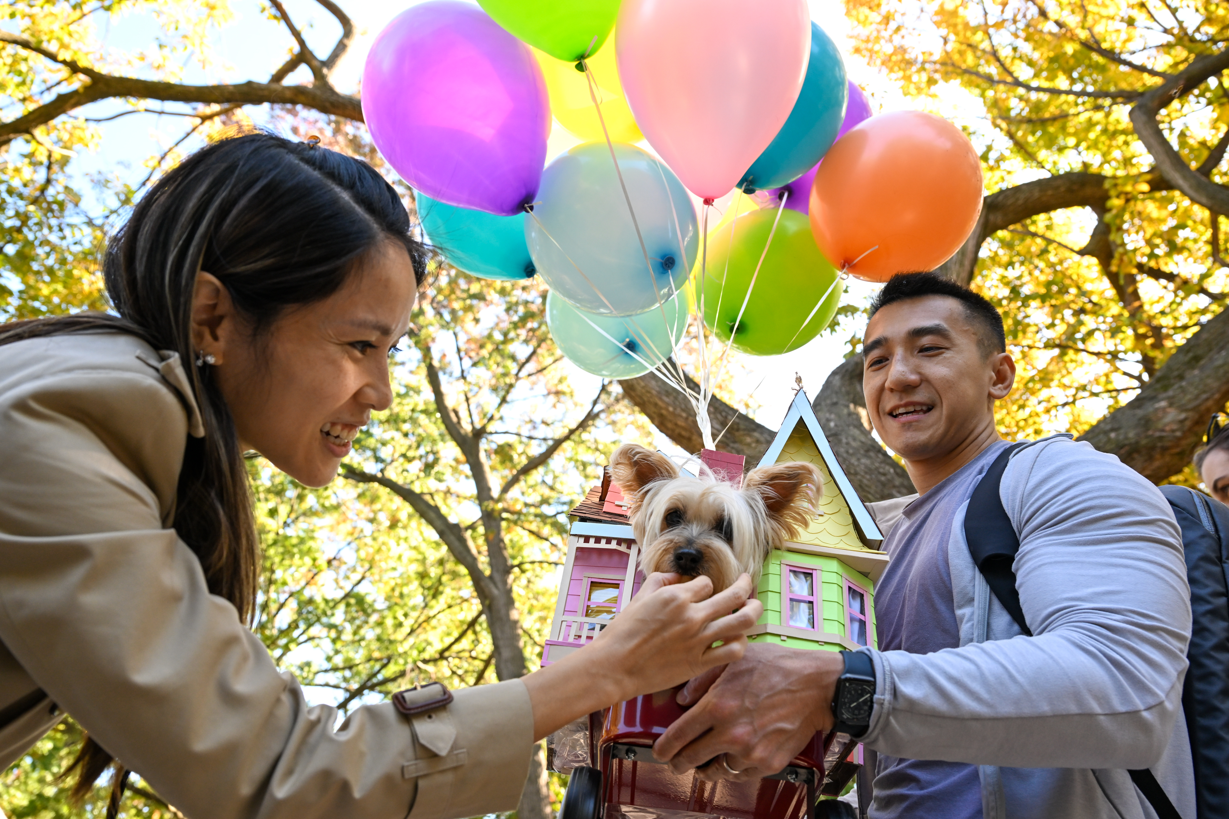 Billy Chan and Nicole Ng with their dog, Allie the terroir, dressed as UP participates in the Annual Tompkins Square Halloween Dog Parade. (Photo by Alexi Rosenfeld/Getty Images)