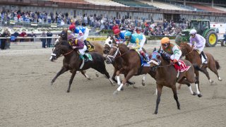 Wood Memorial Stakes: John Velazquez aboard Eskendereya (3) in action vs (L-R) Jackson Bend (5), Carnivore (6), Schoolyard Dreams (4), Most Happy Fella (1), and Awesome Act (2) during race at Aqueduct Racetrack.