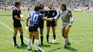 Diego Maradona shakes hands with Peter Shilton before the 1986 FIFA World Cup quarterfinal on June 22, 1986 at the Azteca Stadium in Mexico City, Mexico.