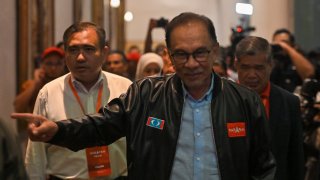 Malaysian opposition leader Anwar Ibrahim of Pakatan Harapan on Monday morning before meeting the king.