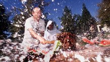 The comedian Gallagher smash watermelons during a Cub Scout recruiting event held at Warner Center Park in Woodland Hills, California, Oct. 14, 2000.