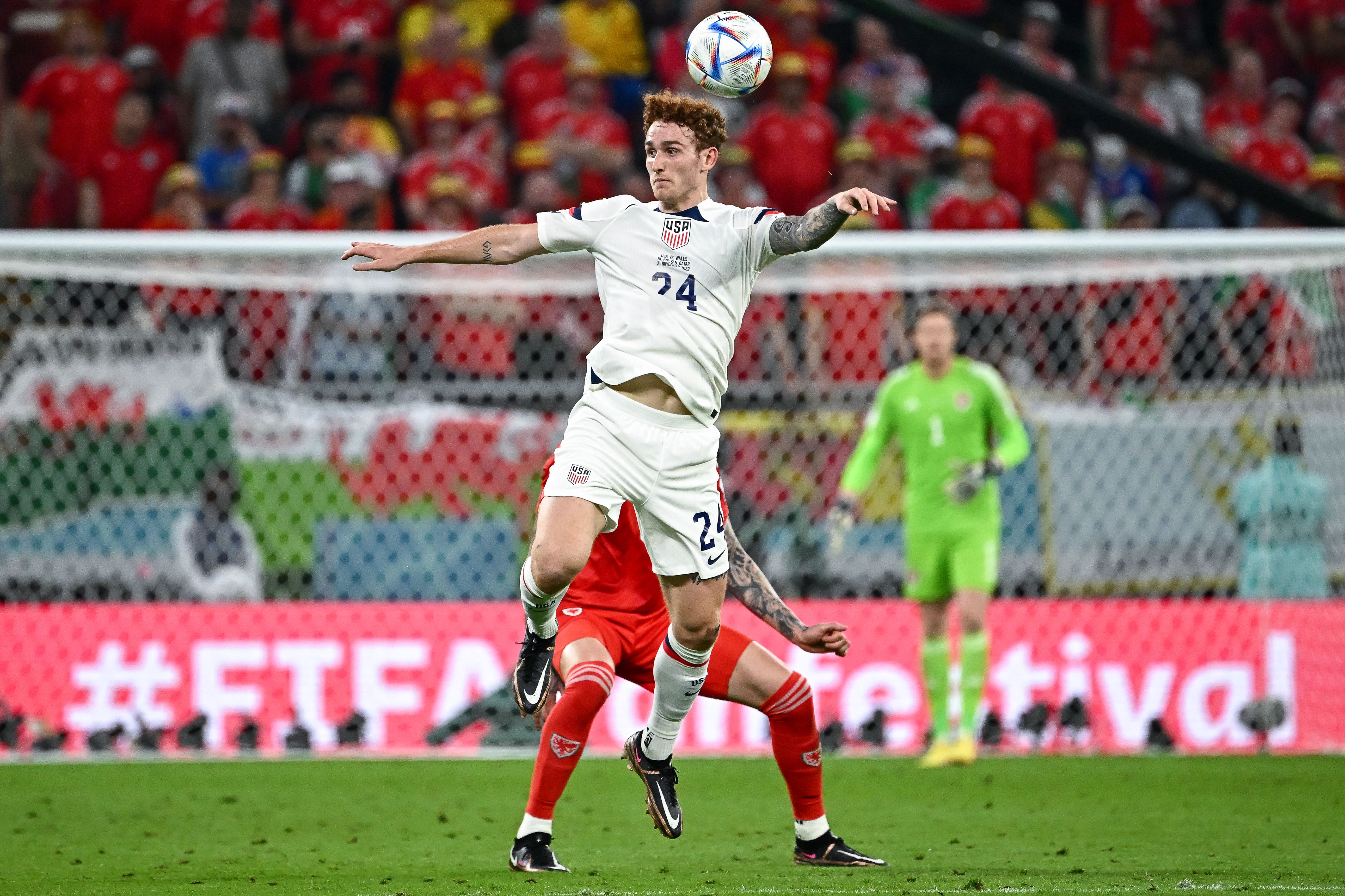 USA’s forward #24 Josh Sargent controls the ball during the Qatar 2022 World Cup Group B football match between USA and Wales at the Ahmad Bin Ali Stadium in Al-Rayyan, west of Doha on Nov. 21, 2022.