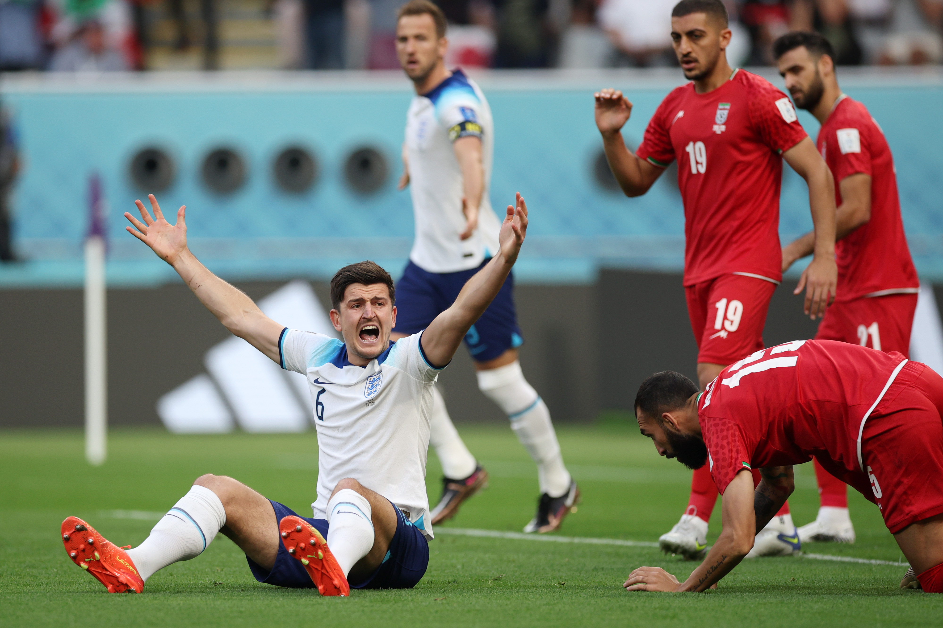 Harry Maguire of England reacts during the FIFA World Cup Qatar 2022 Group B match between England and IR Iran, Nov. 21, 2022 in Doha.