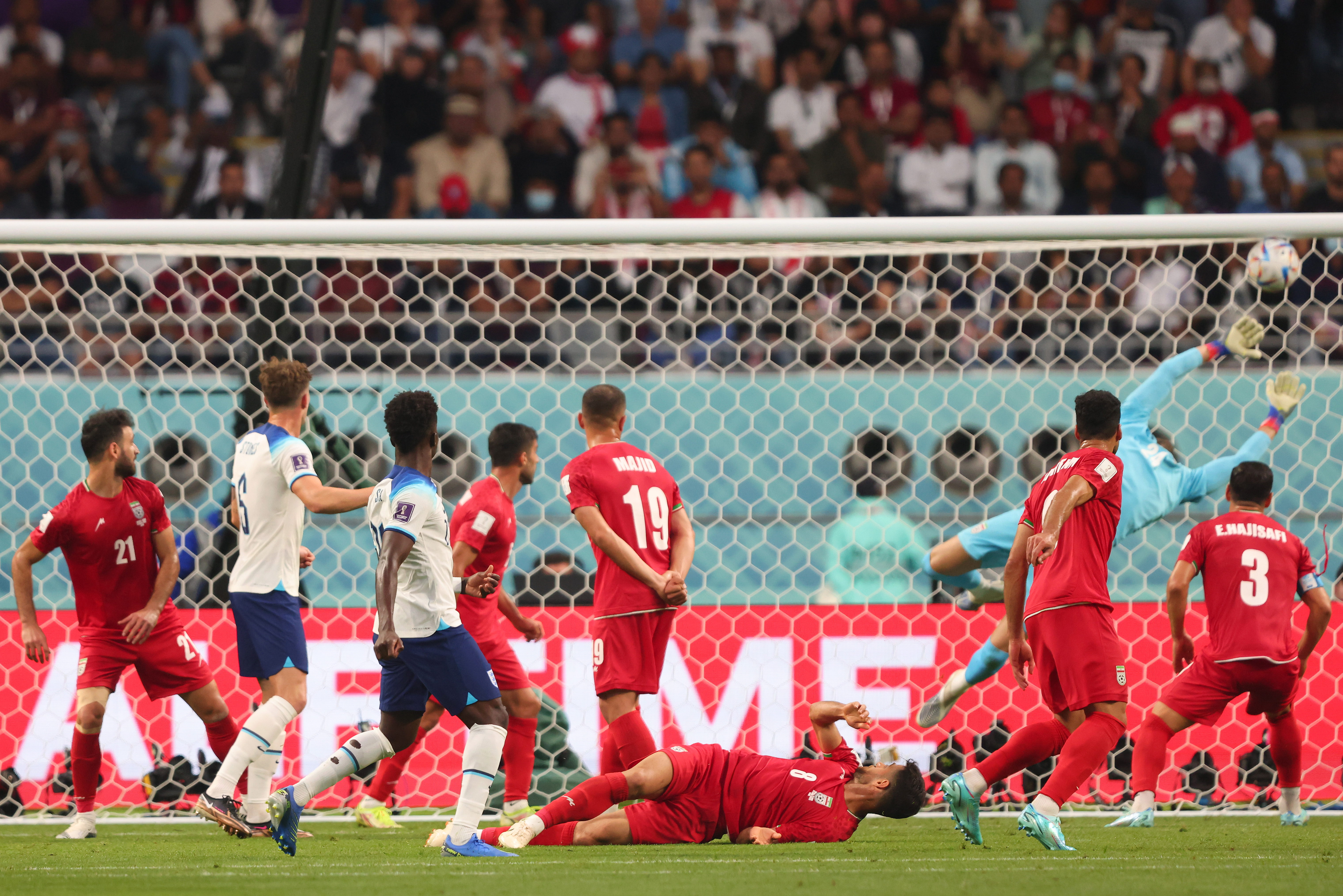 Bukayo Saka of England scores his team’s second goal during the FIFA World Cup Qatar 2022 Group B match between England and IR Iran, Nov. 21, 2022, in Doha.