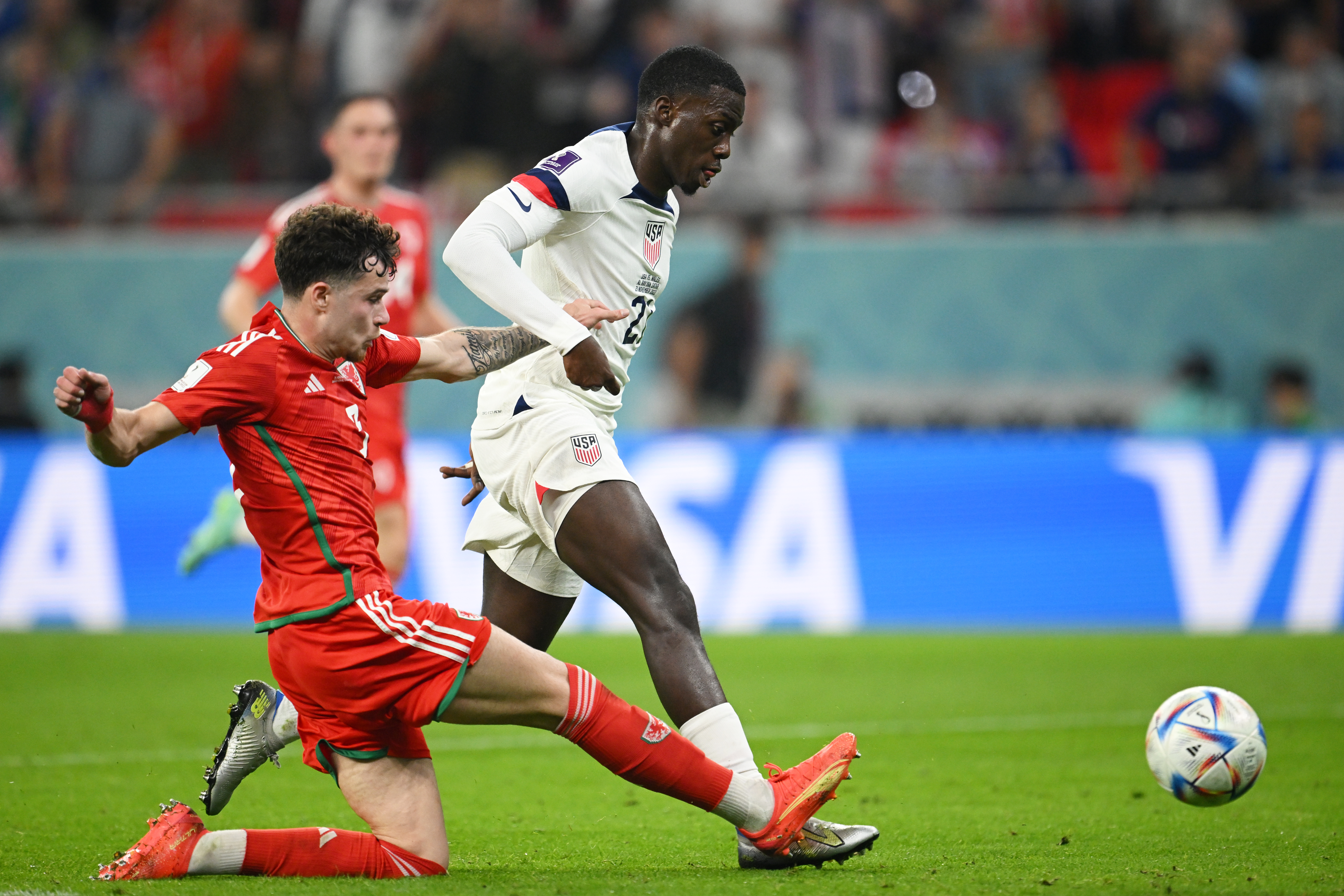 Timothy Weah of United States scores their team’s first goal during the FIFA World Cup Qatar 2022 Group B match between USA and Wales at Ahmad Bin Ali Stadium on Nov. 21, 2022 in Doha, Qatar.