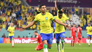Casemiro of Brazil celebrates after scoring their team’s first goal during the FIFA World Cup Qatar 2022 Group G match between Brazil and Switzerland at Stadium 974 on Nov. 28, 2022 in Doha, Qatar.