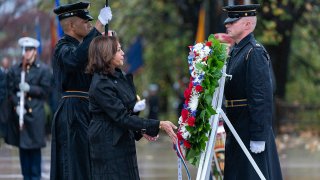 Vice President Kamala Harris lays a wreath at the Tomb of the Unknown Soldier during the National Veterans Day observance at Arlington National Cemetery, in Arlington, Va., Friday, Nov. 11, 2022.