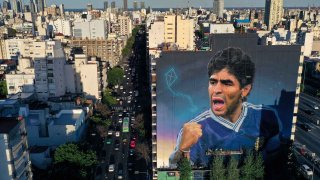 The giant mural by artist Martin Ron depicting late Argentinian football legend Diego Maradona sits in the heart of Buenos Aires.