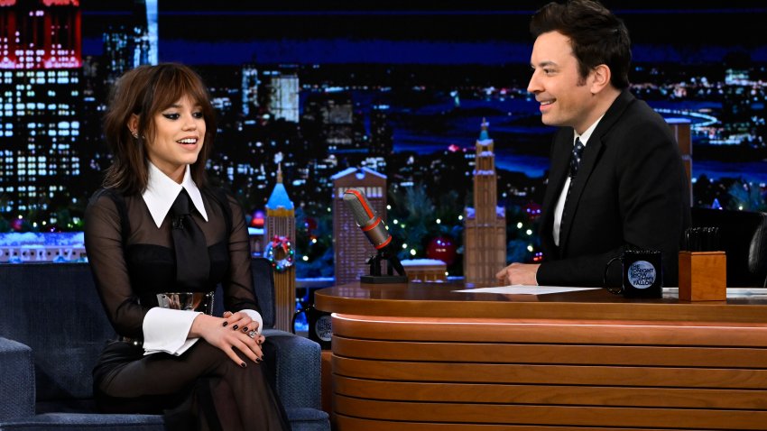 THE TONIGHT SHOW STARRING JIMMY FALLON — Episode 1768 — Pictured: (l-r) Actress Jenna Ortega during an interview with host Jimmy Fallon on Friday, December 16, 2022 — (Photo by: Todd Owyoung/NBC via Getty Images)