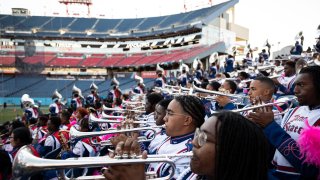 Members of the Tennessee State University marching band, known as the Aristocrat of Bands, perform on Oct. 8, 2022, in Nashville, Tenn. TSU is hoping to make history after their marching band was nominated for a Grammy in the roots gospel category.