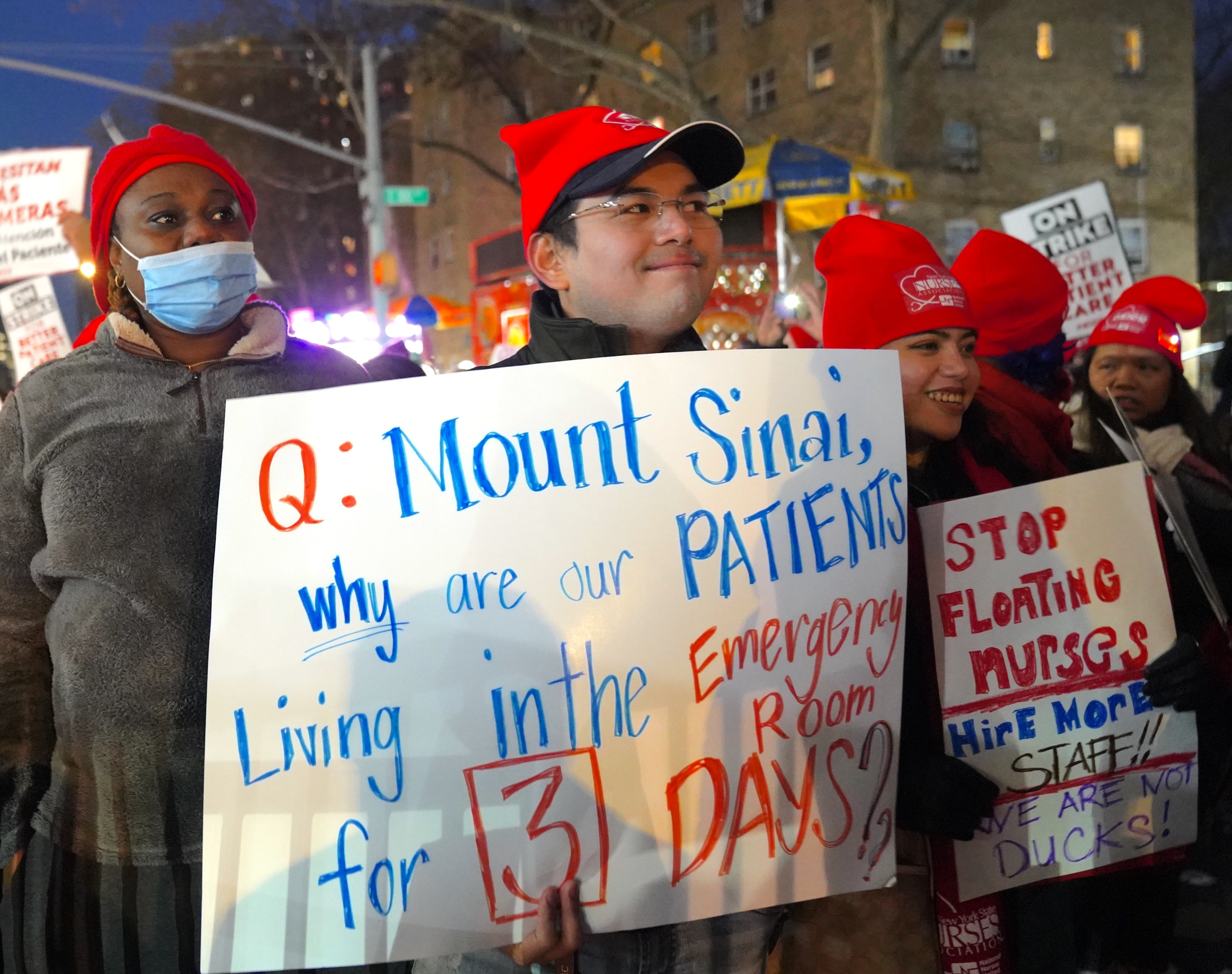 Nurses at two of New York City's biggest hospitals are seen protesting before they terminate their strike on the third day as they reach tentative contract agreements according to the statement of New York State Nurses Association in New York City, United States on January 11, 2023. (Photo by Selcuk Acar/Anadolu Agency via Getty Images)