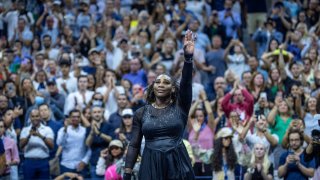 Flushing, N.Y.: Serena Williams waves goodbye to the fans after losing to Ajla Tomljanovic during their 3rd round match at the US Open in Arthur Ashe Stadium in Flushing, New York on September 2, 2022. (Photo by John Conrad Williams, Jr./Newsday RM via Getty Images)