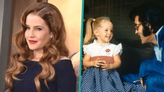 Lisa Marie Presley, left, and with her father, Elvis, as a child at right.