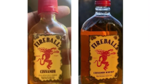On the left a bottle of Fireball Cinnamon; Fireball Cinnamon Whiskey, right.