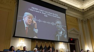 A transcript of a phone call between former U.S. President Donald Trump and Brad Raffensperger, Georgia Secretary of State, appears on a video screen during the fourth hearing on the January 6th investigation in the Cannon House Office Building on June 21, 2022 in Washington, DC.