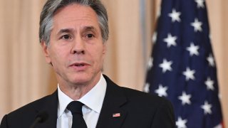 US Secretary of State Antony Blinken speaks following a Memorandum of Understanding signing ceremony with South Korean Foreign Minister Park Jin in the Benjamin Franklin Room of the State Department in Washington, DC, on February 3, 2023.