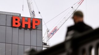 BHP Group’s logo adorning the side of its gobal headquarters in Melbourne on February 21, 2023.