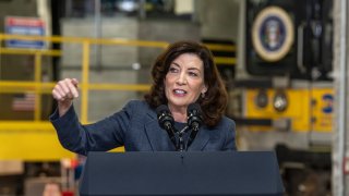 NEW YORK, UNITED STATES – 2023/01/31: New York Governor Kathy Hochul speaks during President Joe Biden Jr.’s remarks to highlight Bipartisan Infrastructure Law funding for the Hudson River Tunnel project at West Side Yard gate.