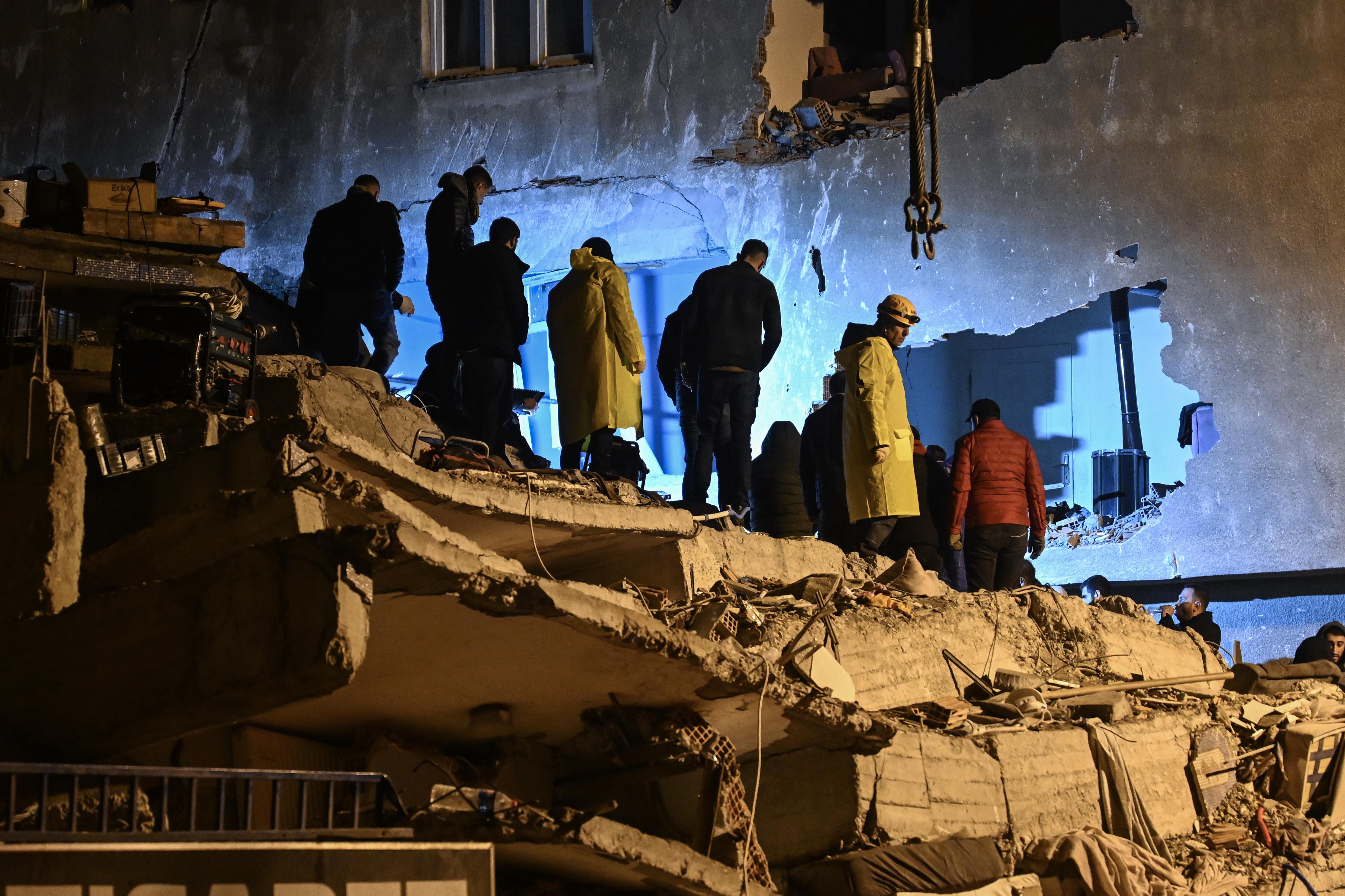 Search and rescue efforts continue in the 8-storey apartment destroyed in the earthquake, in Diyarbakir, Turkey following 7.7 and 7.6 magnitude earthquakes hit Turkey’s Kahramanmaras on Feb. 6, 2023.