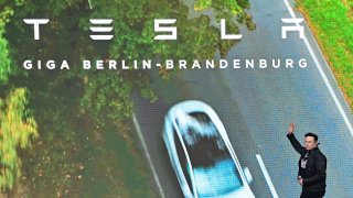 Elon Musk, Tesla CEO, on a stage at the Tesla Gigafactory in Grünheide, Germany.