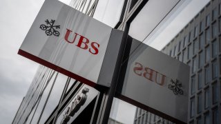 A logo of Swiss banking giant UBS in Zurich, on March 23, 2023.