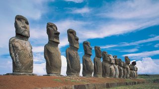 Moai statues in a row, Ahu Tongariki, Easter Island, Chile.