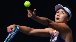 China’s Peng Shuai serves to Japan’s Nao Hibino during their first round singles match at the Australian Open tennis championship in Melbourne, Australia, Jan. 21, 2020. The women’s professional tennis tour is ending its suspension of tournaments in China that was initiated in late 2021 over concerns about Grand Slam doubles champion Peng Shuai’s well-being. The WTA announced Thursday, April 13, 2023, that it will return to competition in China this season, even though two of its key requests were never met: a chance to meet with Peng, and a thorough, transparent investigation of her sexual assault accusations against a high-ranking Chinese government official.