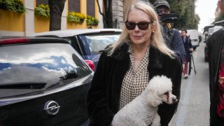 Texas-born Princess Rita Boncompagni Ludovisi, born Rita Jenrette Carpenter and last wife of late Prince Nicolo Boncompagni Ludovisi, leaves her residence, The Casino dell’Aurora, also known as Villa Ludovisi, during the execution of an eviction order, in Rome, Thursday, April 20, 2023. The villa contains the only known ceiling painted by Caravaggio and Princess Ludovisi is facing a court-ordered eviction Thursday, in the latest chapter in an inheritance dispute with the heirs of one of Rome’s aristocratic families.