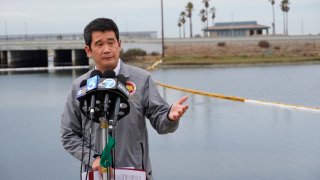 California state Sen. Dave Min speaks to reporters in Huntington Beach, California, on Wednesday, Oct. 6, 2021.