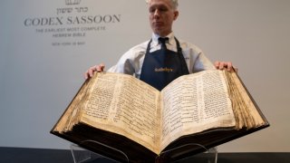 Sotheby’s unveils the Codex Sassoon for auction, Wednesday, Feb. 15, 2023, in the Manhattan borough of New York.
