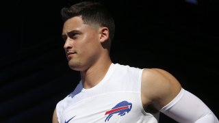 Matt Araiza #19 of the Buffalo Bills takes the field during practice on August 05, 2022 in Orchard Park, New York.