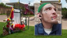 A memorial grows (background) for Matthew Davis (foreground) after police say he was gunned down by a 12-year-old customer on Saturday, May 13, 2023.