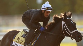 First Mission goes over the track during a training session ahead of the 148th Running of the Preakness Stakes at Pimlico Race Course on May 18, 2023 in Baltimore, Maryland.