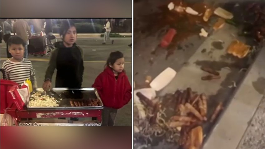 Left: Children by a hot dog cart. Right: hot dog buns and wieners on the ground.