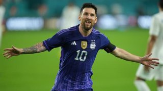 Lionel Messi celebrates his second goal of the match between Honduras and Argentina at Hard Rock Stadium, Miami, Sept 23, 2022.