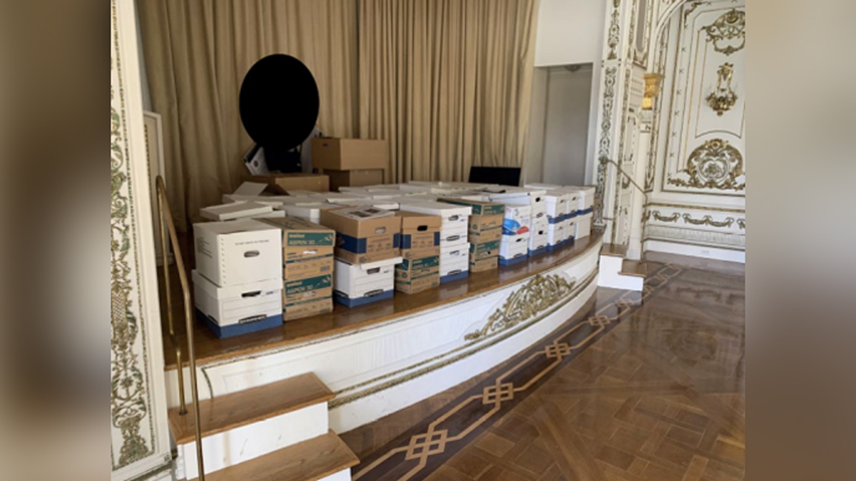 Stacks of boxes containing hundreds of classified documents, seen in Mar-a-Lago’s White and Gold Ballroom between January to March 15, 2021. Some of the boxes were moved to the estate’s business center on March.