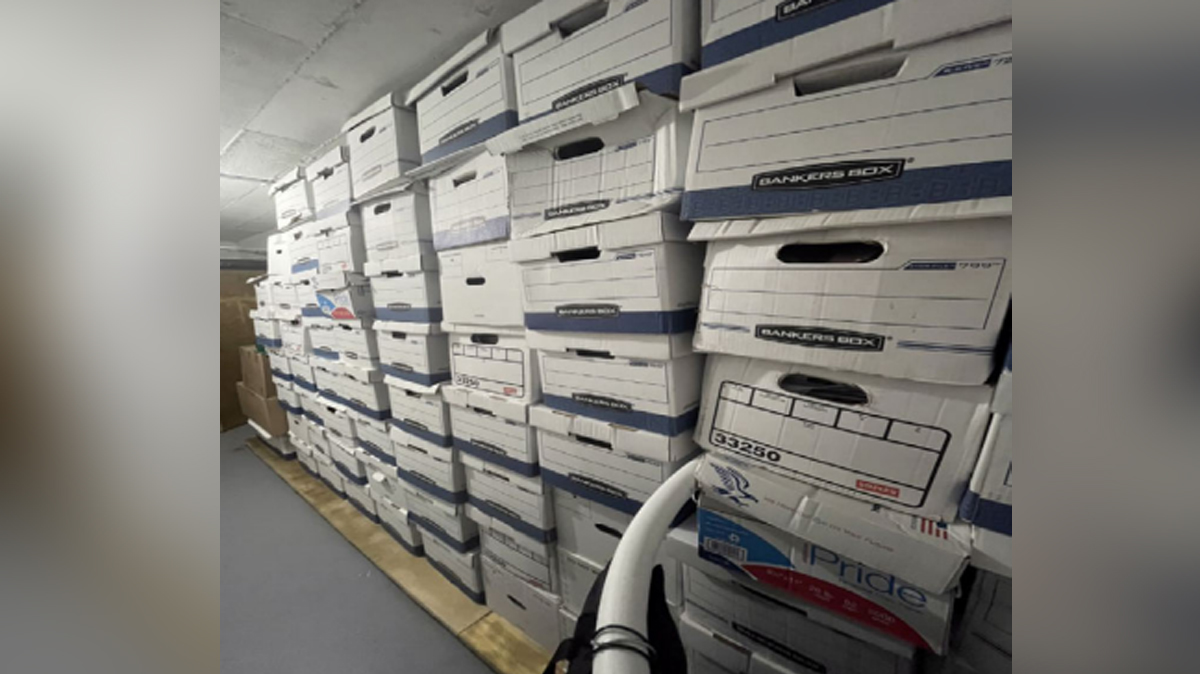 Stacks of boxes seen in the Mar-a-Lago ground floor storage room. According to the indictment, a second location had more boxes of documents in Pine Hall, an entry room in Trump’s resident.