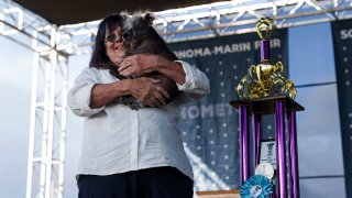 Scooter, a Chinese Crested, owned by Linda Elmquist is awarded first place, on stage during the annual World’s Ugliest Dog contest at the Sonoma-Marin Fair in Petaluma, Calif., on June 23, 2023. Scooter was the winner of the 2023 World’s Ugliest Dog Competition.