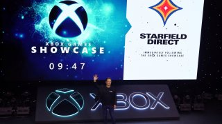 IMAGE DISTRIBUTED FOR XBOX – Phil Spencer, Head of Xbox, welcomes fans as the countdown to the 2023 Xbox Games Showcase and Starfield Direct begins on Sunday, June 11, 2023 in Los Angeles. (Casey Rodgers/AP Images for Xbox)