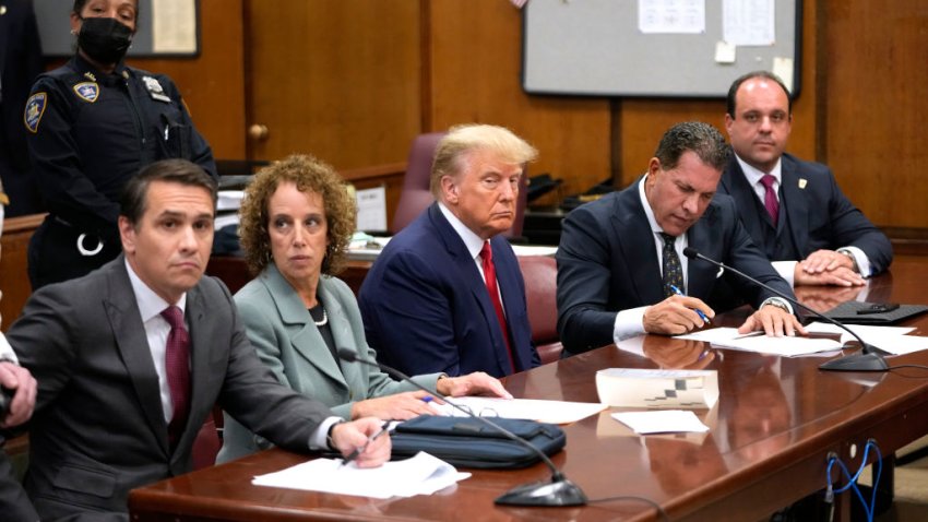 NEW YORK, NEW YORK – APRIL 04:  Former U.S. President Donald Trump sits with his attorneys inside the courtroom for his arraignment proceeding at the Manhattan criminal court April 4, 2023 in New York City. Former U.S. President Donald Trump pleaded not guilty to 34 felony counts stemming from hush money payments in 2016. With his indictment, Trump will become the first former U.S. president in history to be charged with a criminal offense. (Photo by Steven Hirsch-Pool/Getty Images)