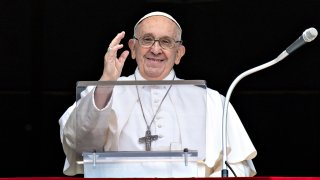 Pope Francis attends the Regina Coeli Prayer and delivers his Angelus blessing to the faithful gathered in St. Peter’s Square on June 18, 2023 in Vatican City, Vatican. (Photo by Vatican Media via Vatican Pool/Getty Images)