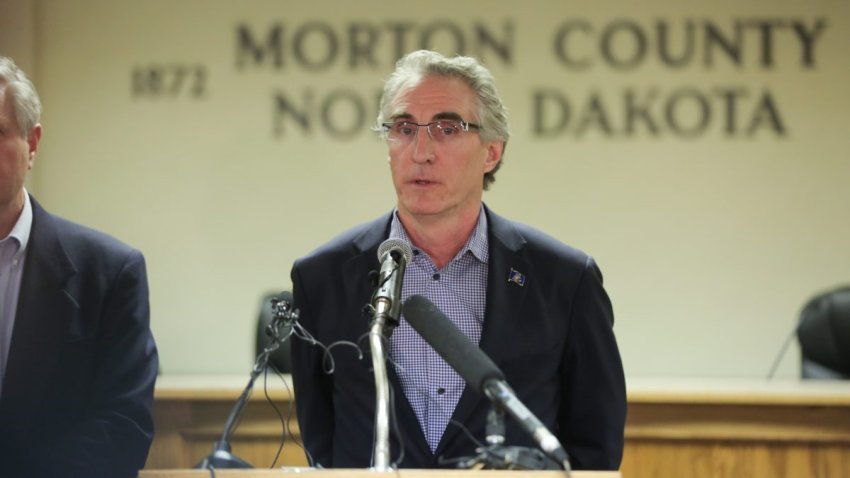 CANNON BALL, ND – FEBRUARY 22:  North Dakota Governor Doug Burgum speaks during a press conference announcing plans for the clean up of the Oceti Sakowin protest camp on February 22, 2017 in Mandan, North Dakota. Protesters and campers against the DAPL pipeline, at times numbering in the thousands, are now down to under a hundred. (Photo by Stephen Yang/Getty Images)