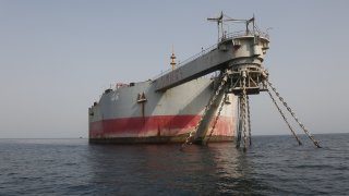 A view of decaying FSO Safer oil tanker anchored 60 kilometers (37 miles) north of the port of Hudaydah, Yemen on July 15, 2023.