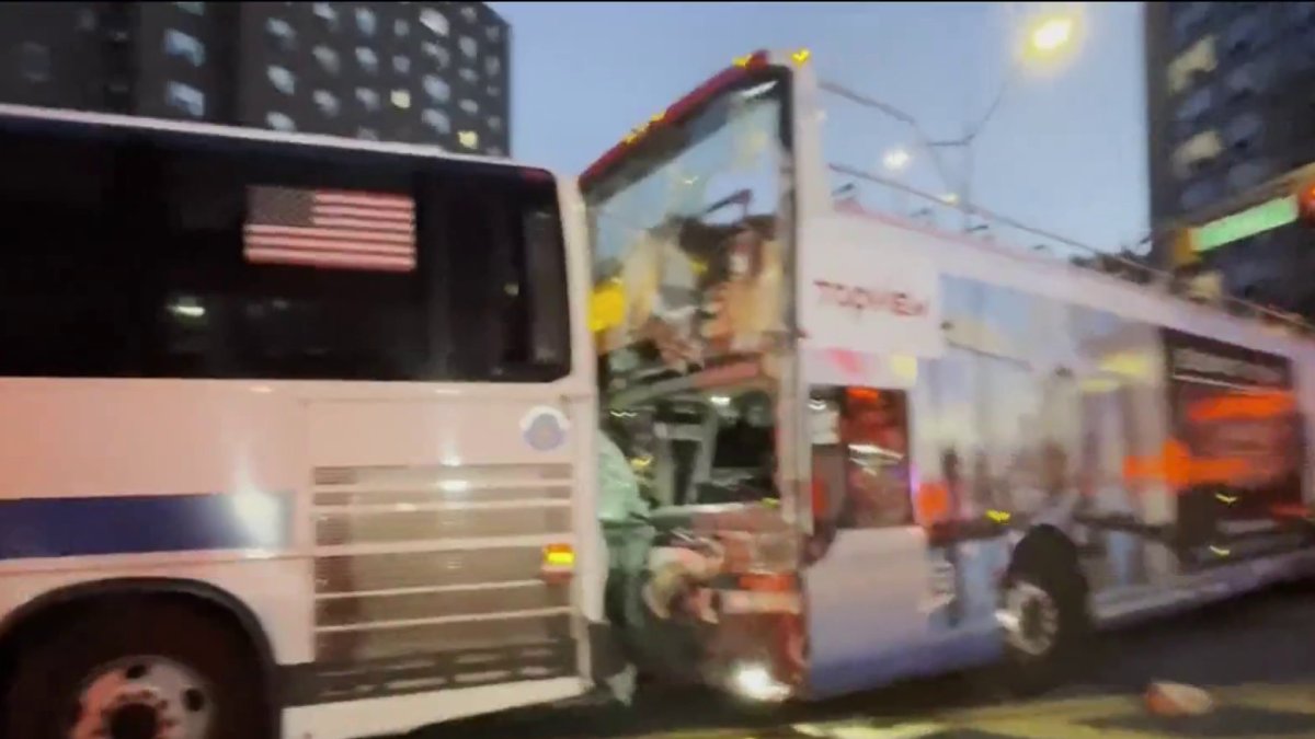 46 people hurt after tour bus hits MTA bus – NBC New York